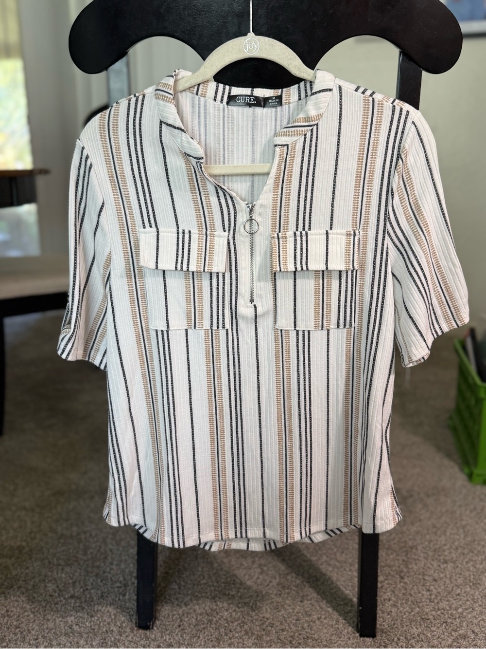 Cure Women's Medium Striped Short Sleeve Zip Neck Blouse